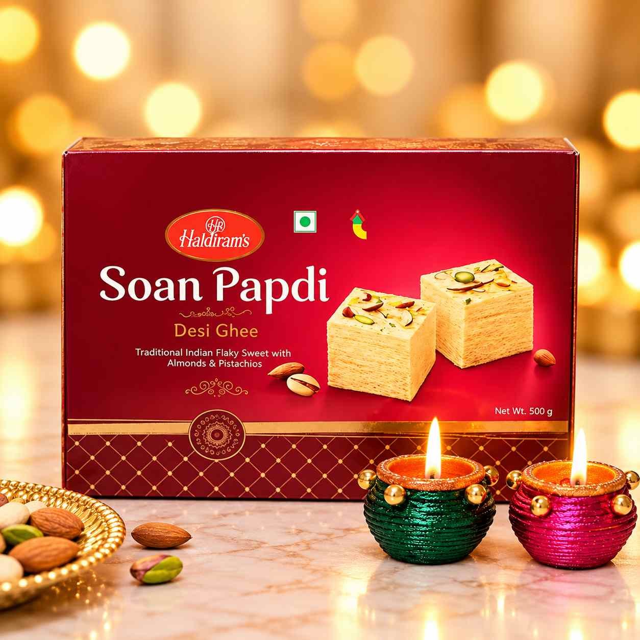 Haldiram's Soan Papdi 500g with 2 Decorative Diya Gift Combo