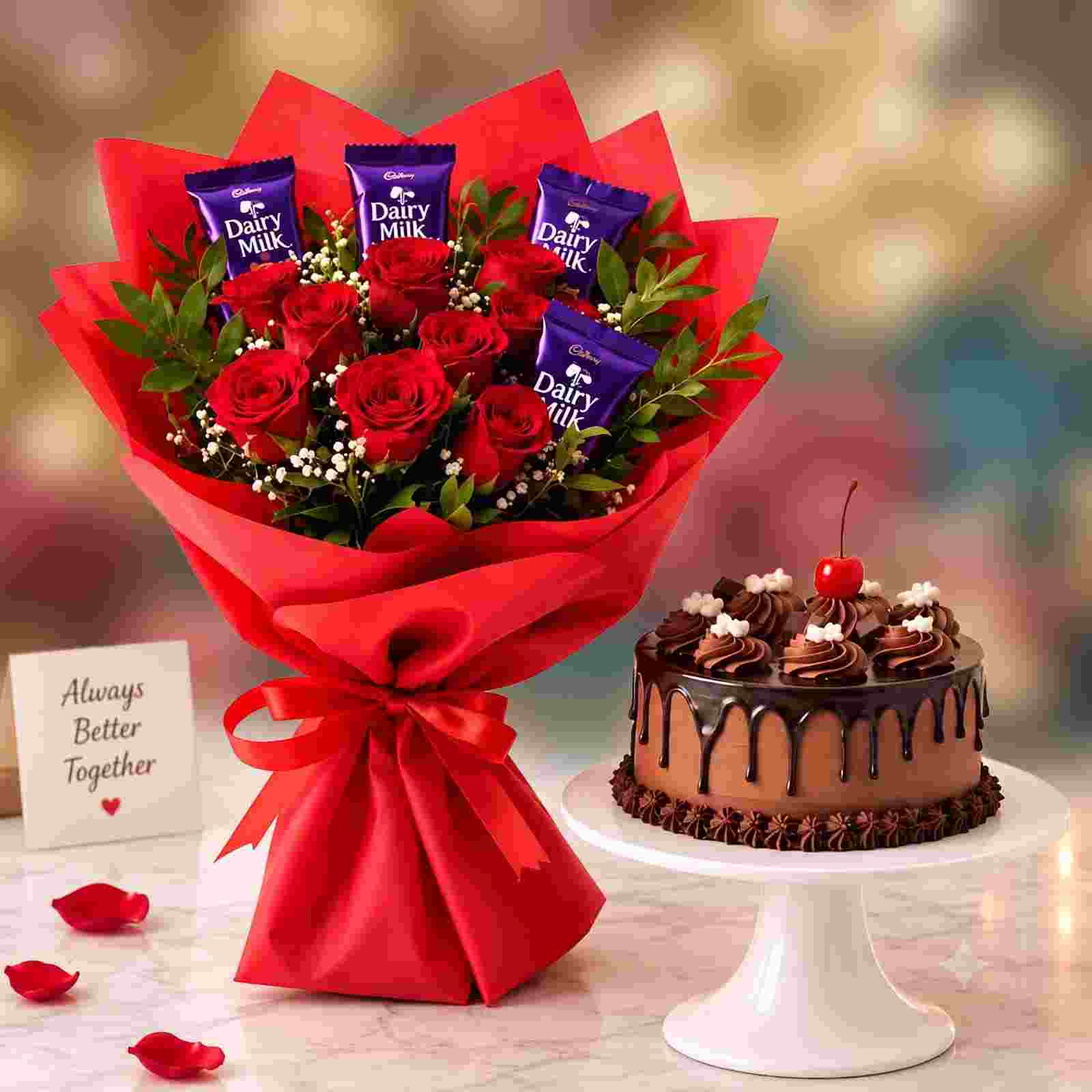 Romantic Red Roses, Chocolate & Cake Gift Combo