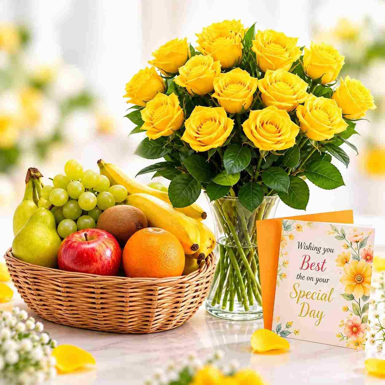 Yellow Roses Bouquet with Fresh Fruit Basket