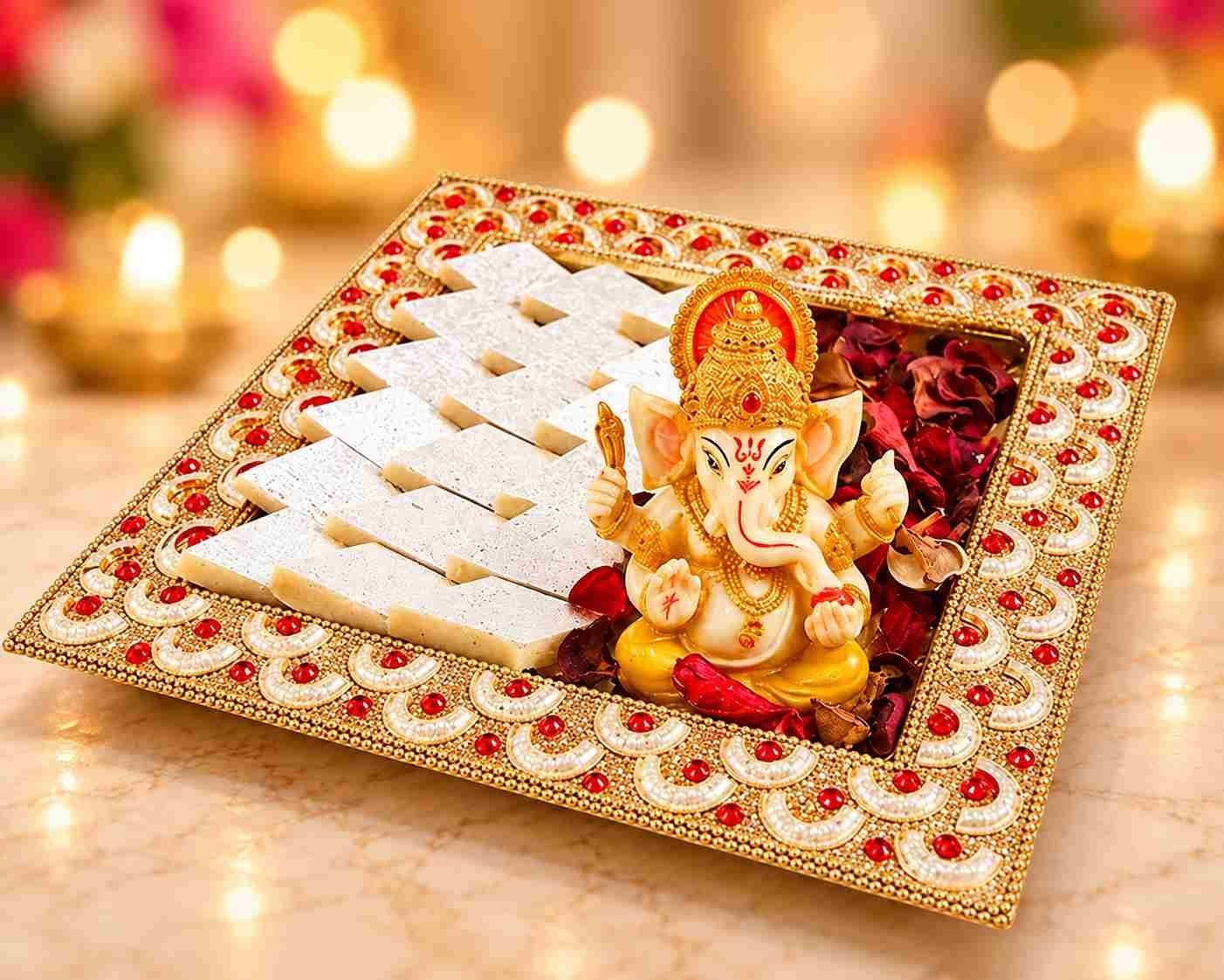 Golden Ganesha Idol with 200g Kaju Barfi Gift Tray