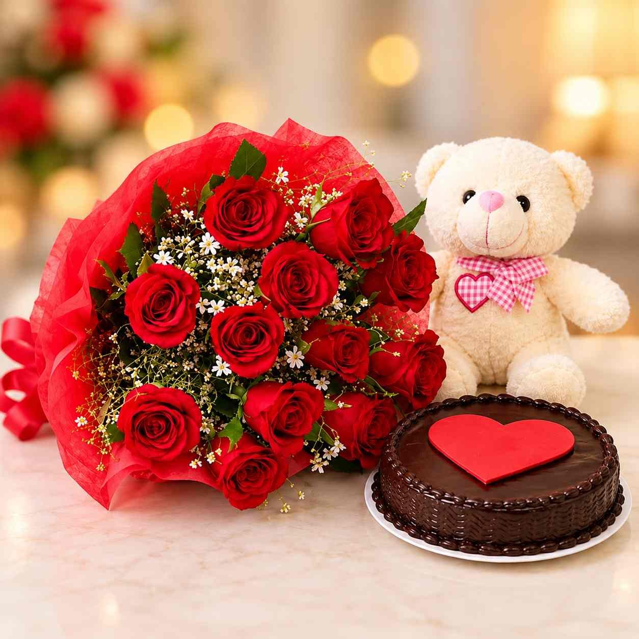 Red Rose Bouquet with Teddy Bear & Chocolate Cake Combo