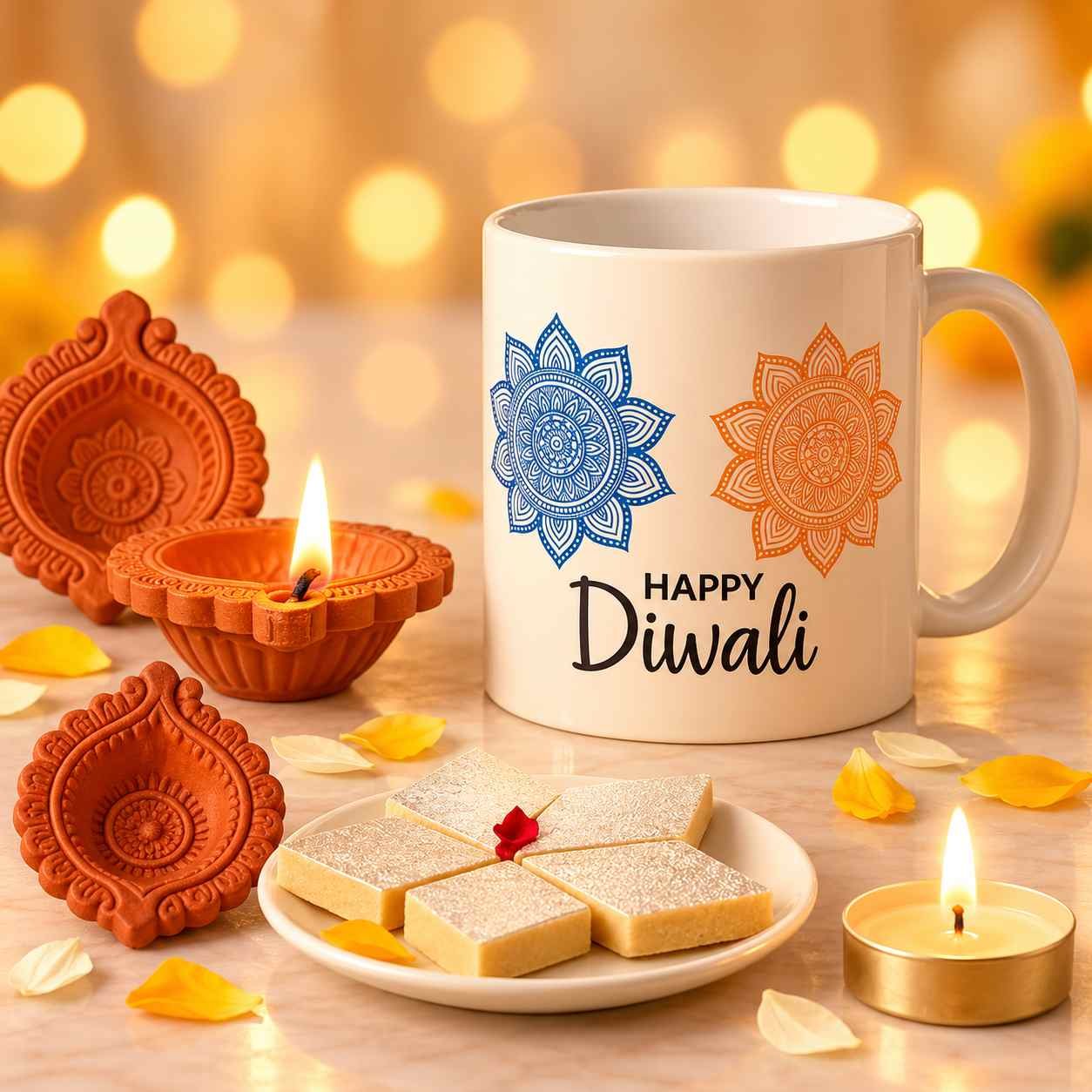 Happy Diwali Ceramic Mug with Kaju Katli, and Clay Diyas