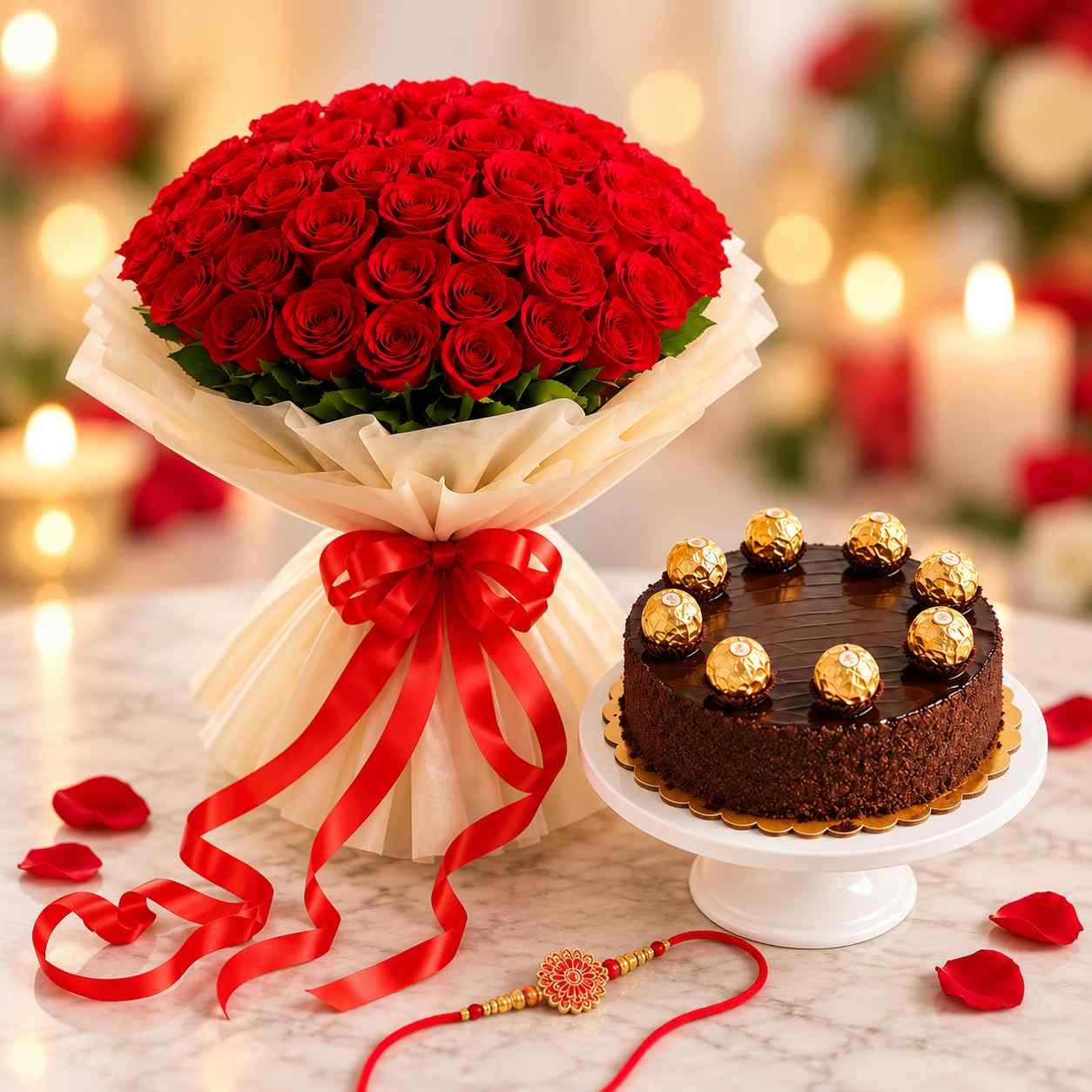 100 Red Roses Bouquet with Ferrero Rocher Chocolate Cake