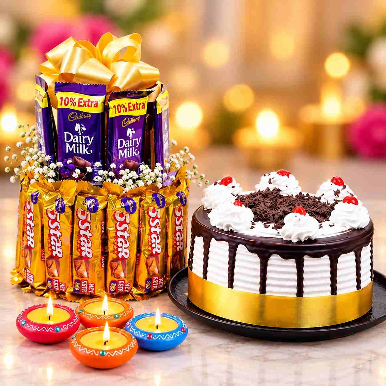 Black Forest Cake with Dairy Milk, 5 Star Chocolates and Diyas