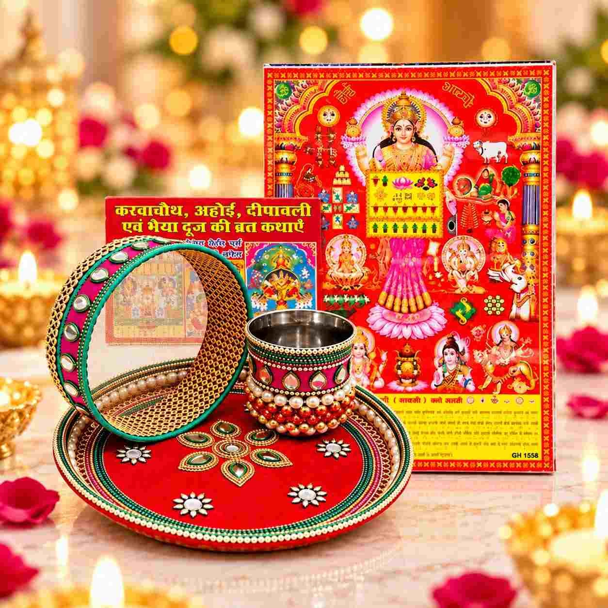 Red & Green Karwa Chauth Pooja Thali Set with Channi & Vrat Katha Book