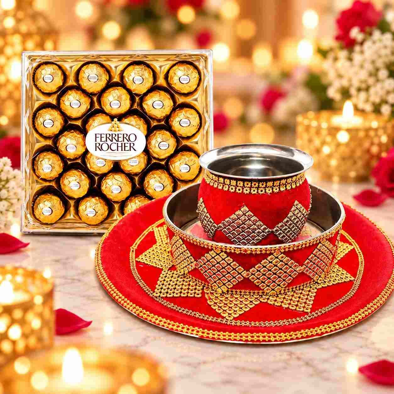 Designer Karwa Chauth Pooja Thali Gift Set with Ferrero Rocher Chocolates