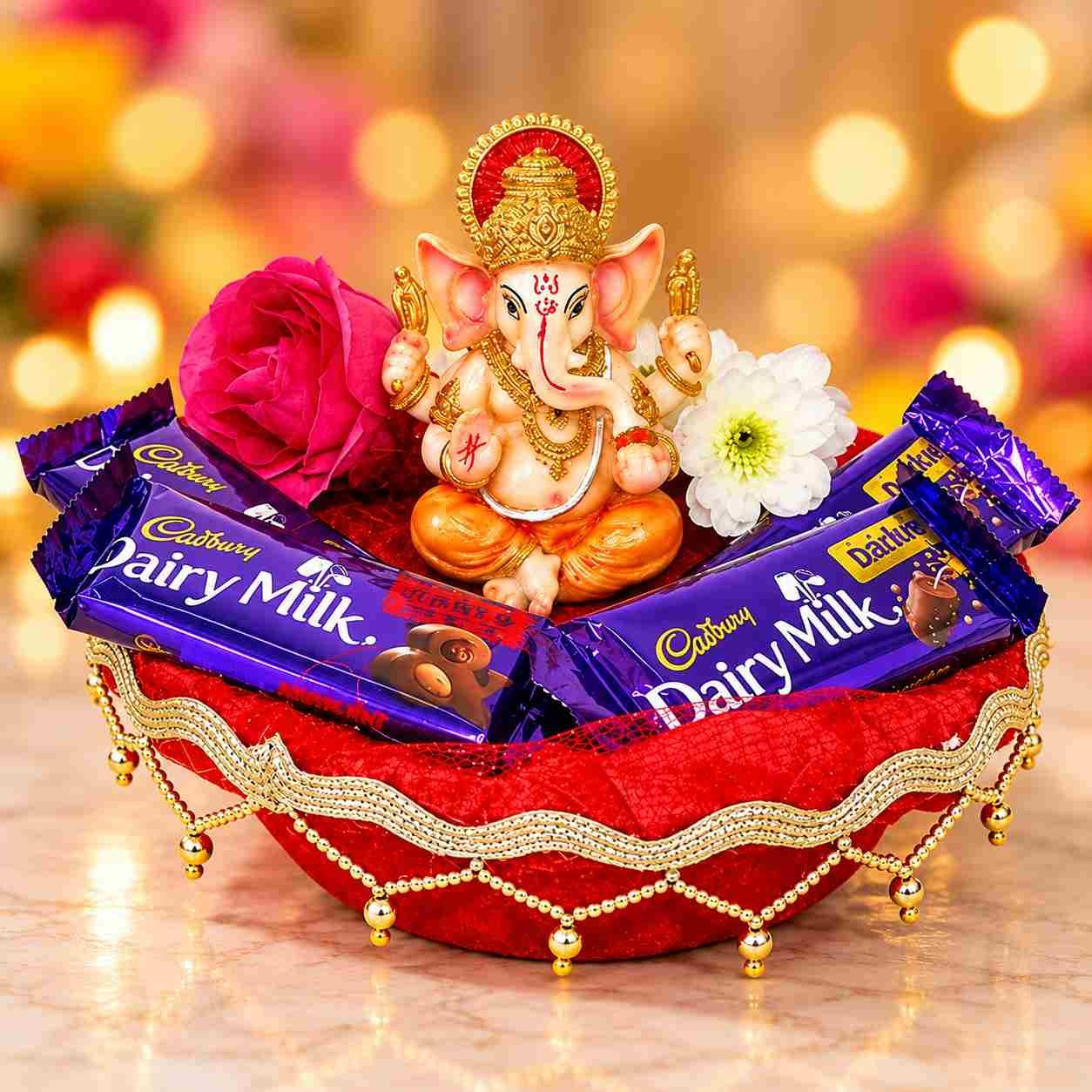 Decorative Ganesha Idol with Cadbury Dairy Milk Chocolates Gift Basket