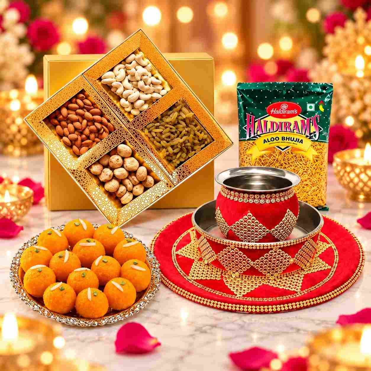 Karwa Chauth Thali Gift Hamper with 500g Laddoo, 350g Aloo Bhujia & 500g Dry Fruits