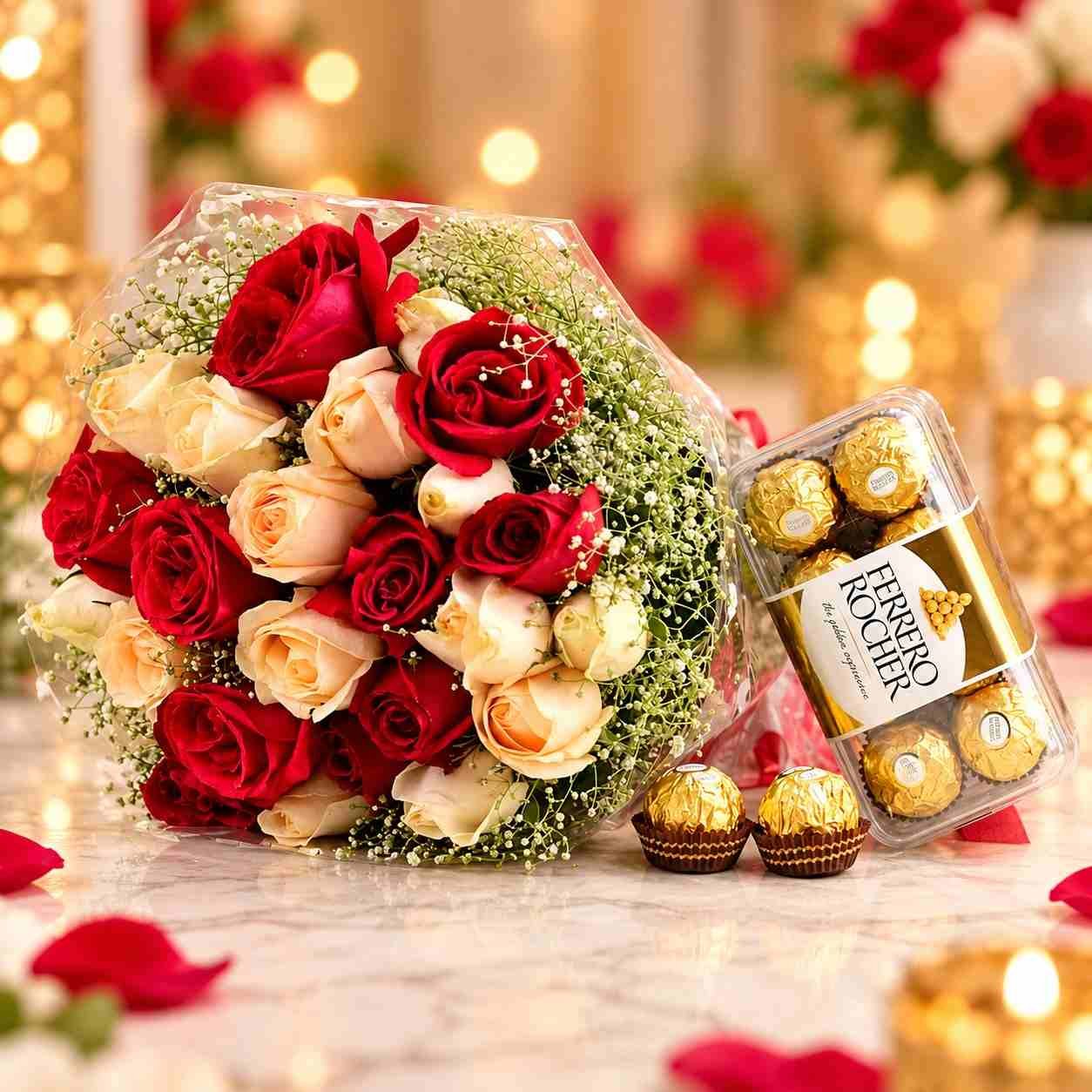 Sweet Romance Roses & Ferrero Rocher Chocolate Bouquet