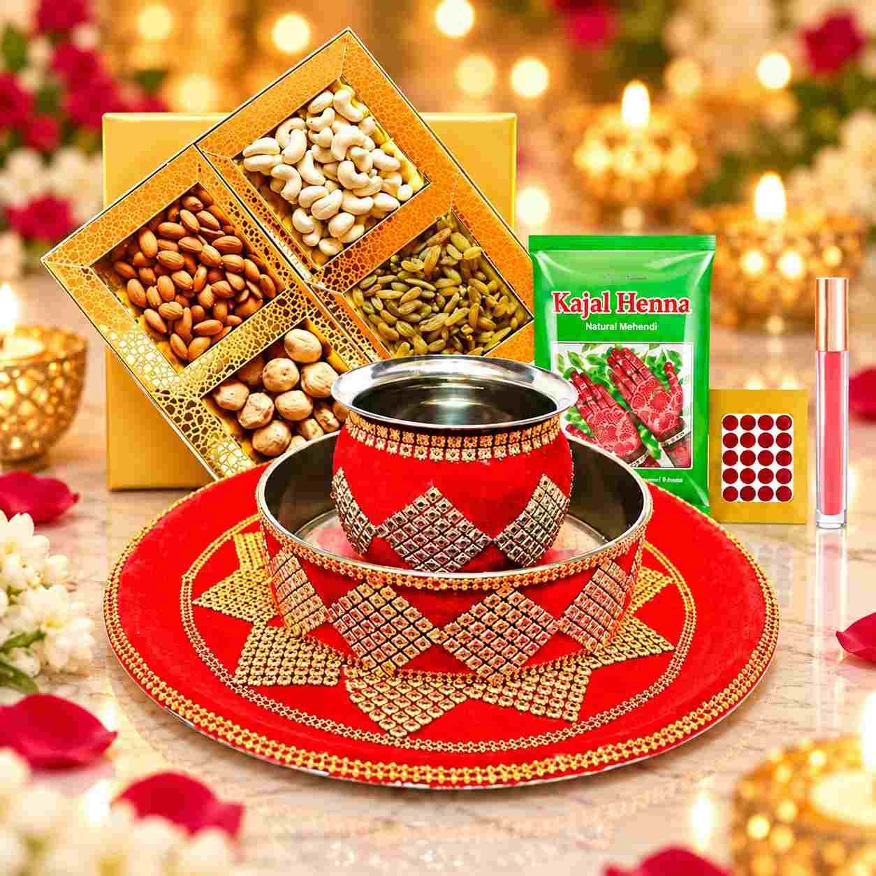 Karwa Chauth Gift Hamper with Decorative Thali, Channi Gift Set with Dry Fruits