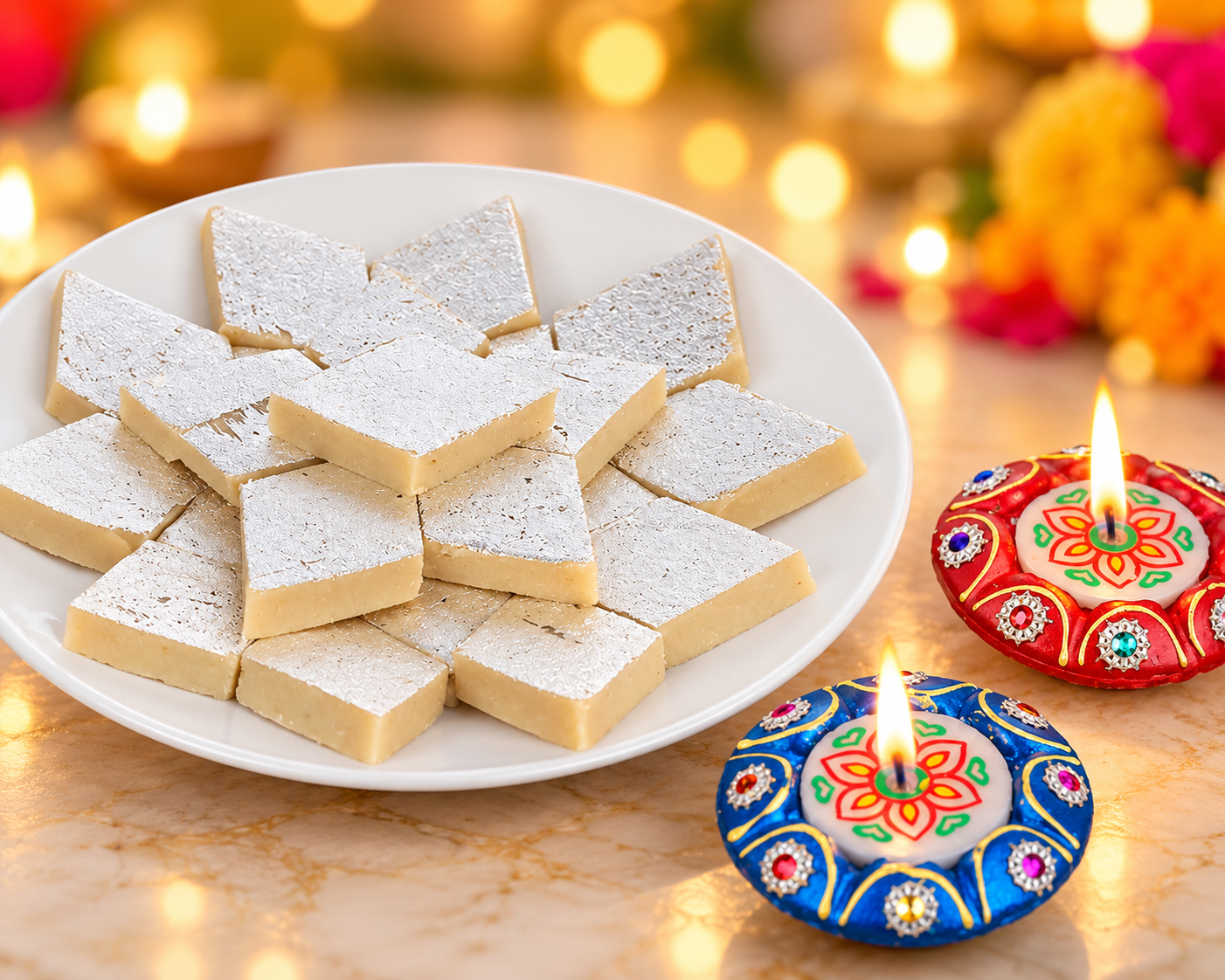 Diwali Special 1/2 kg Kaju Katli and 2 Decorative Diya Gift Set