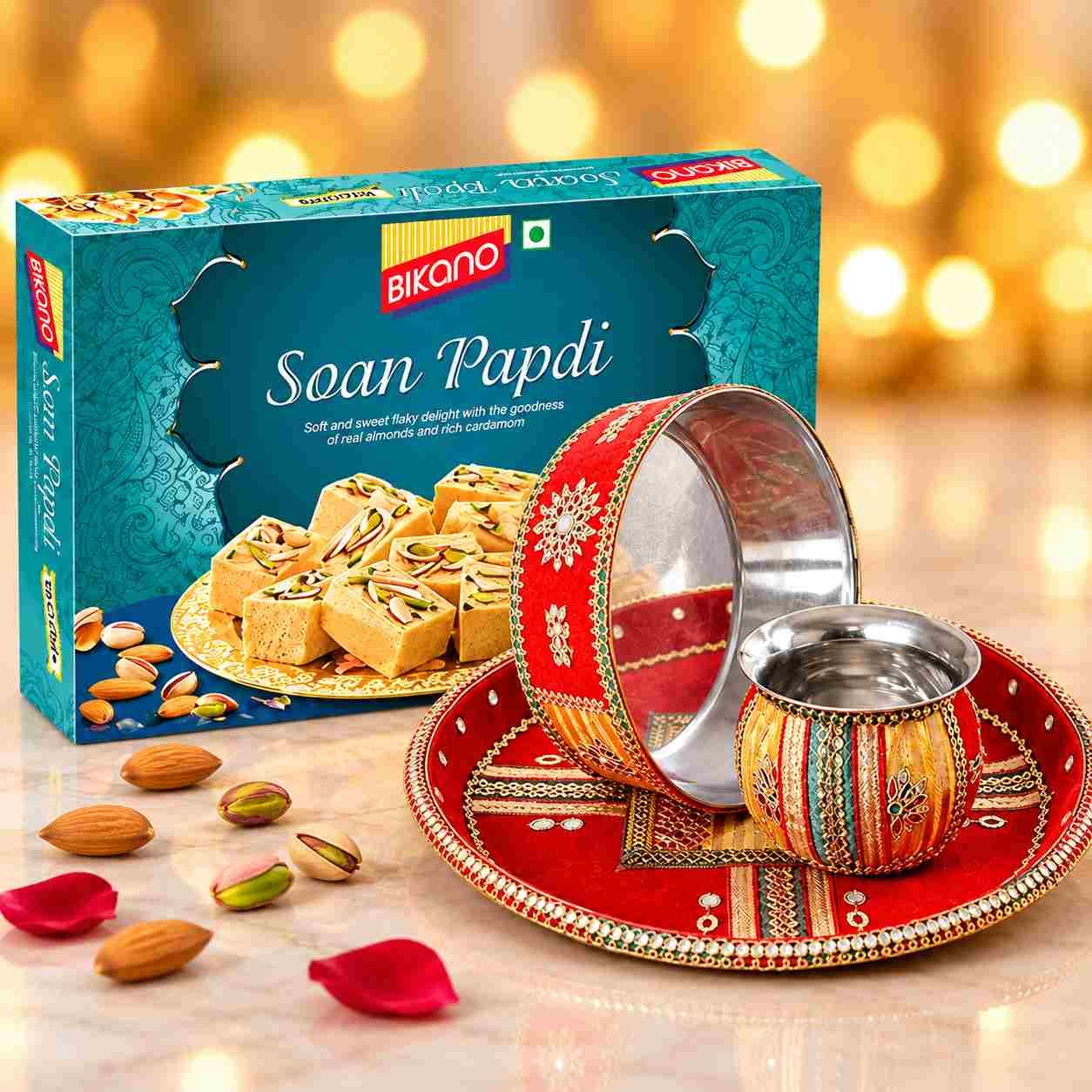 Bikano Soan Papdi with Decorative Karwa Chauth Thali and Channi Set