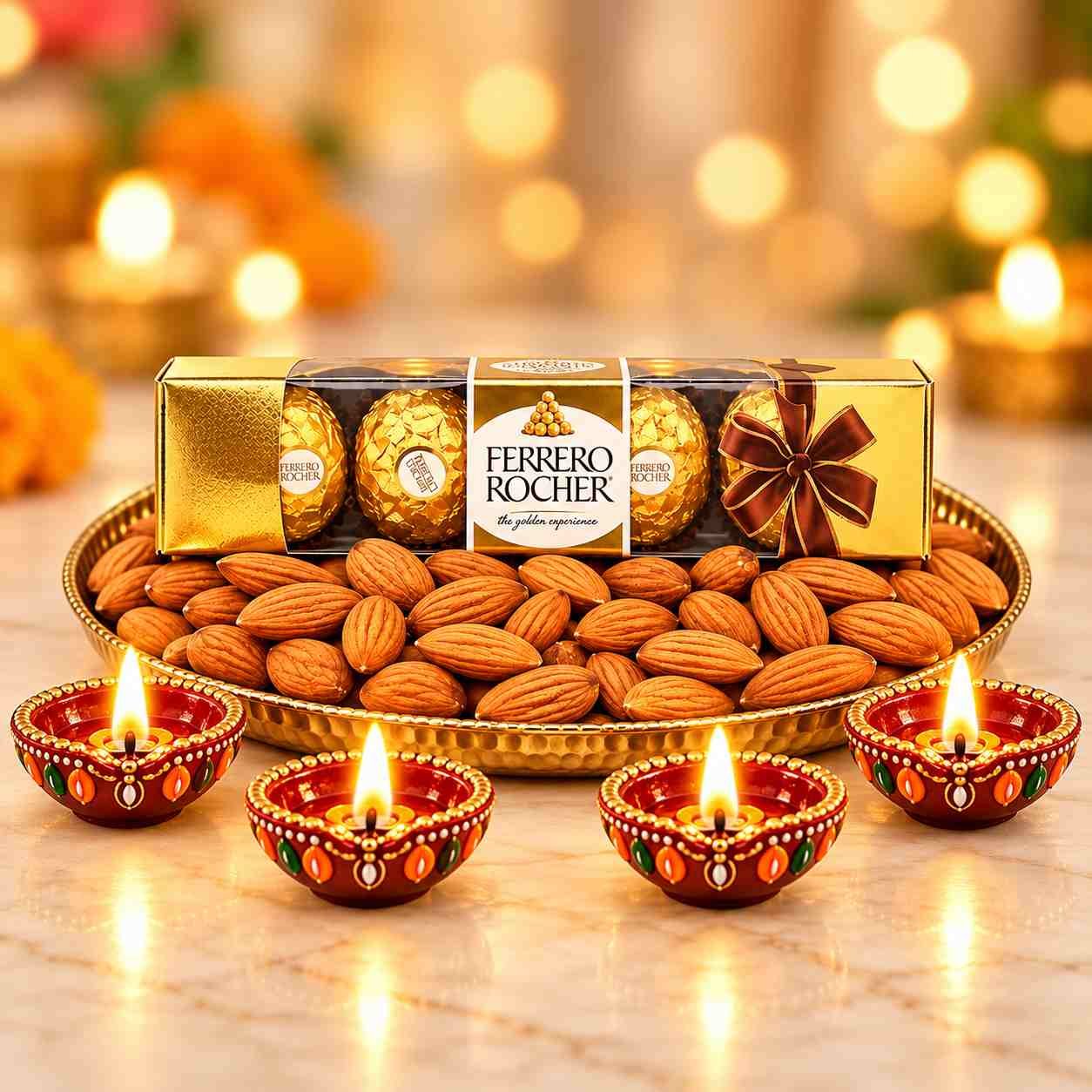 Ferrero Rocher with 200g Almonds and 4 Decorative Diyas Gift Combo