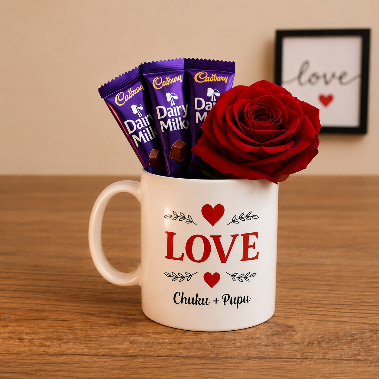 Personalized Love Mug with Rose & Chocolates