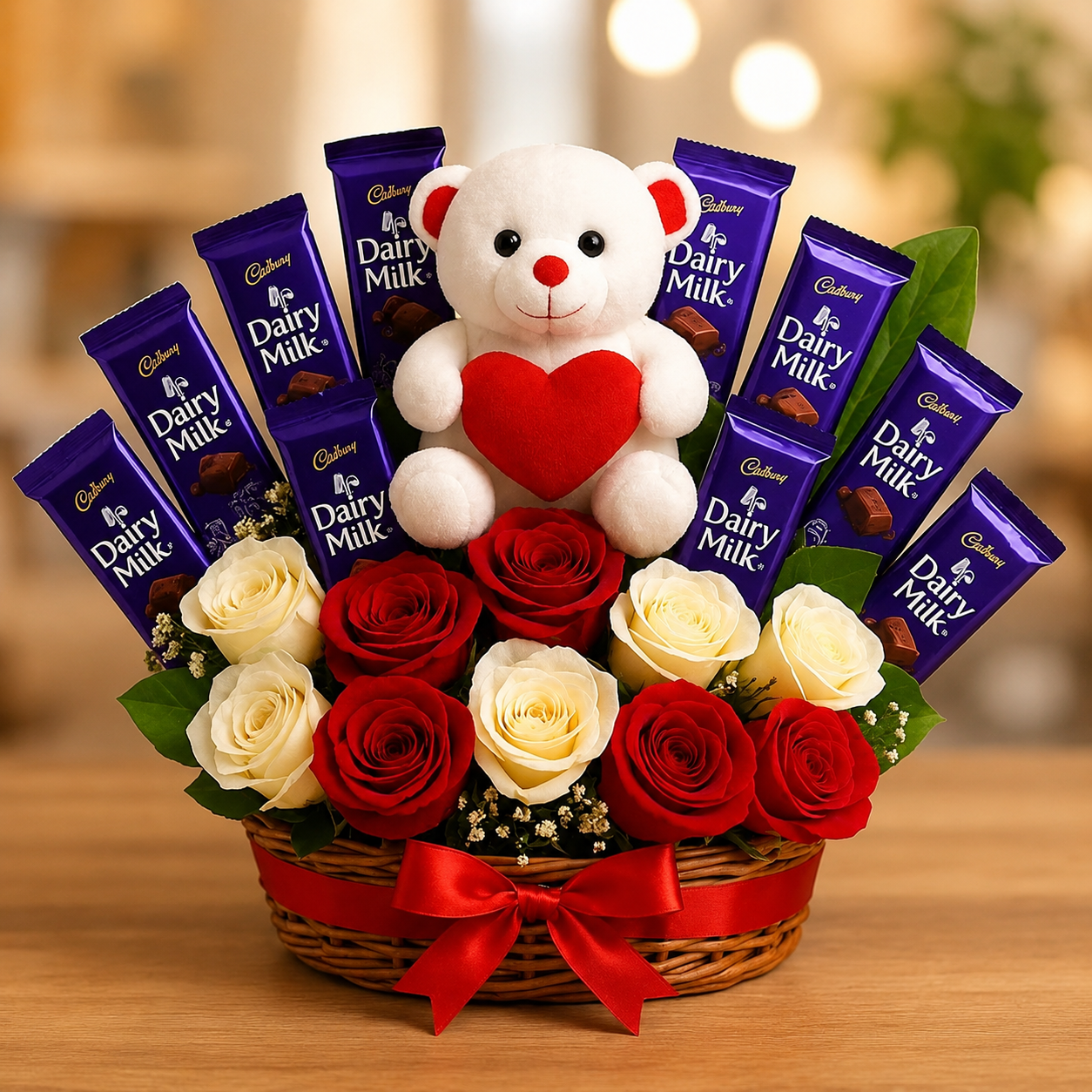 Special Surprise Roses, Dairy Milk & Teddy Bear Basket