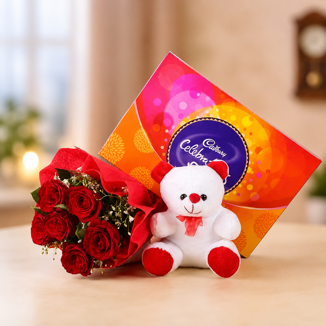 Cadbury Celebrations with Red Roses Bouquet & Teddy Bear